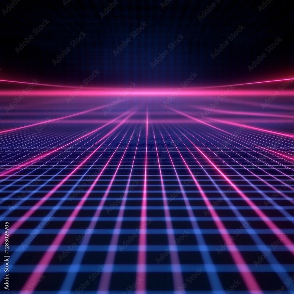 Leinwandbilder neon grid illusion: a retro wave cyberpunk landscape with dynamic depth and perspective