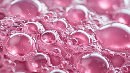 Close-up of translucent pink bubbles in a liquid surface with reflections and varying sizes creating a textured appearance