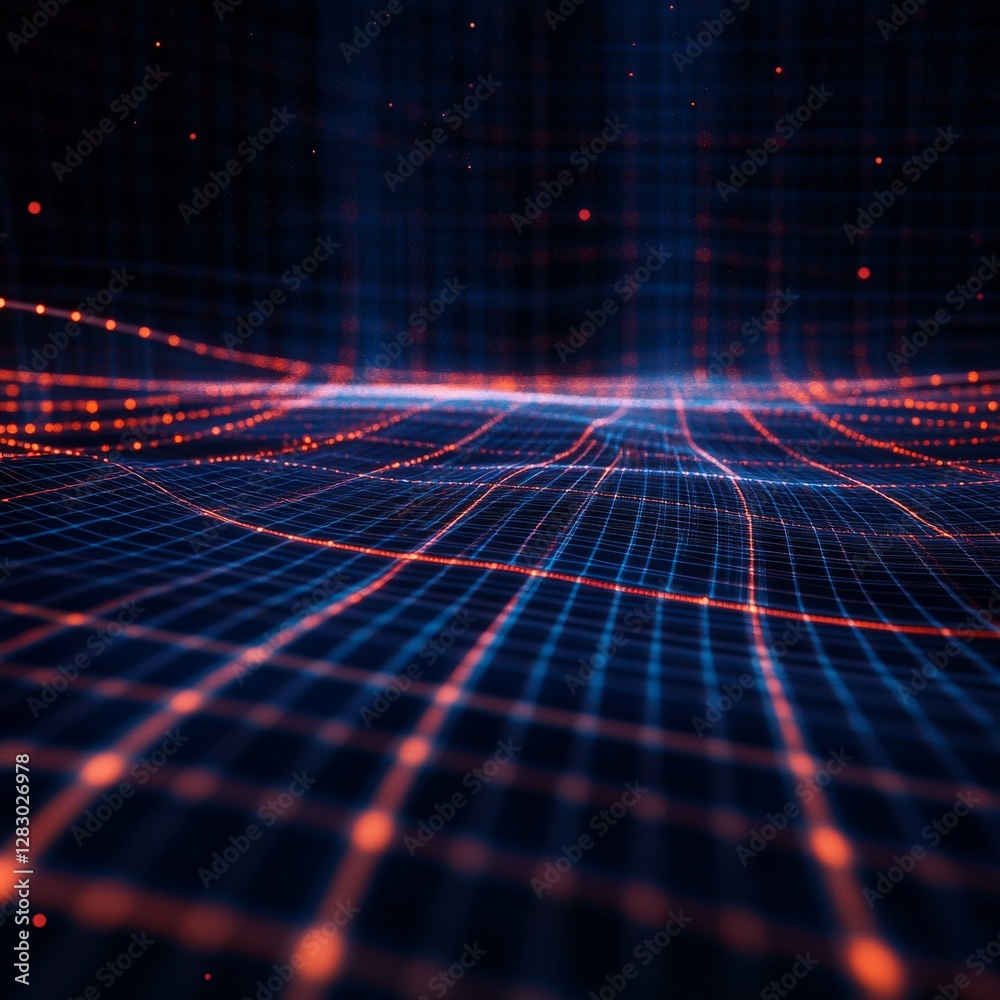 Fototapete wavy data grid: abstract technology landscape with orange nodes on a blue network, representing conn