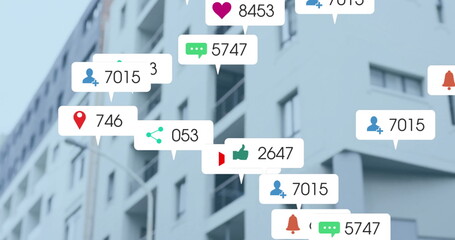 Image of icons and data processing over high building