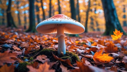 Mushroom growing in a forest during autumn with colorful fallen leaves and blurred trees in the background