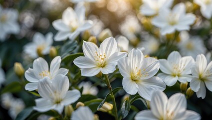 Obraz premium Close-up view of blooming white flowers with green leaves in soft natural sunlight during spring season
