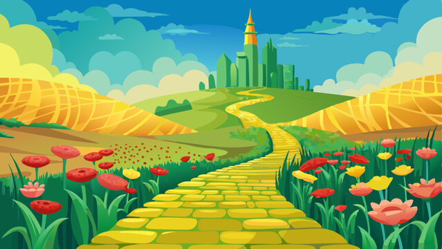Yellow brick road leading through poppy field to green emerald city in the distance. Wizard of Oz concept.