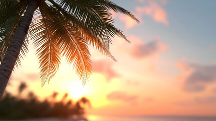 Fototapeta premium Tropical sunset beach palm trees idyllic ocean background; perfect for travel brochures, websites, and vacation-themed designs