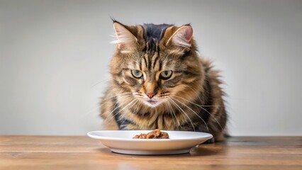 Naklejka premium A domestic cat sits in front of a plate with a meal spread out before it