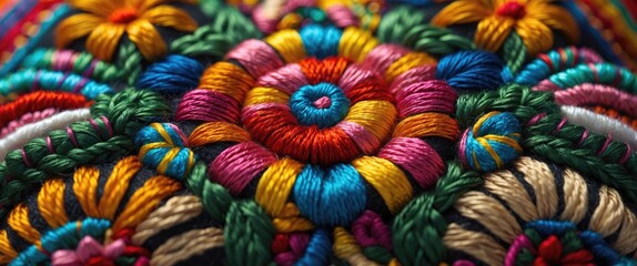 Colorful floral embroidery design with intricate patterns and detailed stitching on a dark fabric background