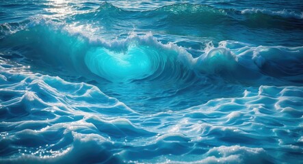 Blue ocean waves crashing with foam and sunlight reflections over water surface