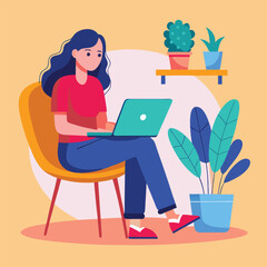 a girl is using his laptop vector	
