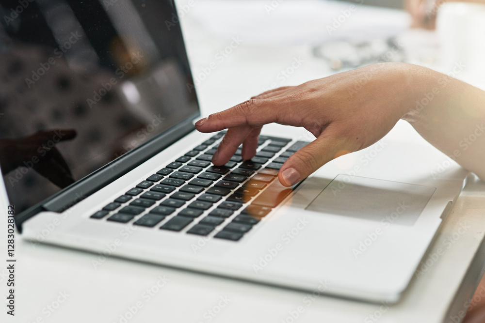 Poster office, laptop and hands of person typing for business research, internet and website for online pro