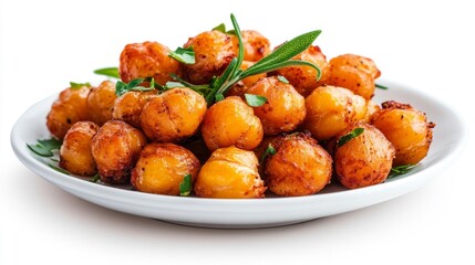 Plate of Roasted Chickpeas Garnished with Fresh Herbs on Isolated White Background. Generative AI