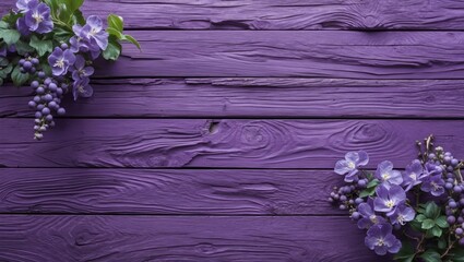 Fototapeta premium Purple wooden background decorated with violet flowers and green leaves on rustic planks natural texture floral composition