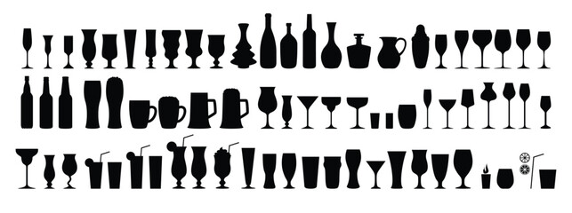 Silhouettes various alcohol cocktail glasses bar set. Black Isolated Glasses of wine, glasses of beer, bar bottles and shot glasses