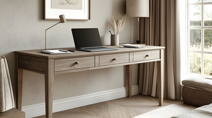 Stylish and Efficient Home Office Desk Setup Featuring a Laptop Notepad and Minimalist Decor for a Comfortable and Productive Workspace
