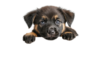 Cute puppy looking curiously over a surface