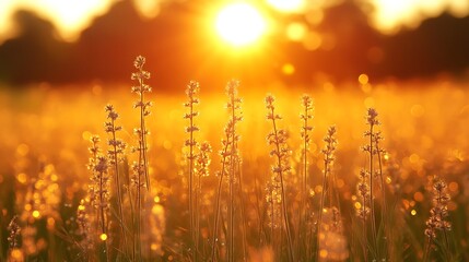 Golden Sunset Illuminates Wildflowers In Field