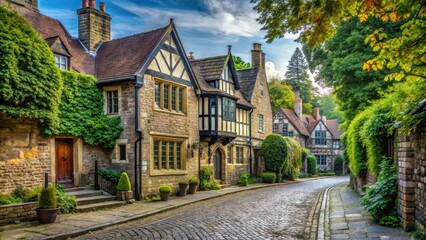 An old stone Tudor house on a narrow cobbled street lined with tall trees and historic buildings , tudor houses, stone pathways