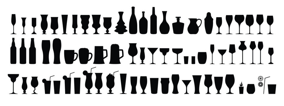 Silhouettes various alcohol cocktail glasses bar set. Black Isolated Glasses of wine, glasses of beer, bar bottles and shot glasses