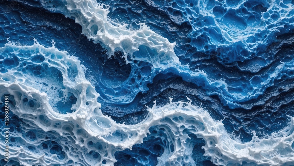 Poster abstract close-up of ocean waves with white frothy texture and deep blue water patterns creating a d
