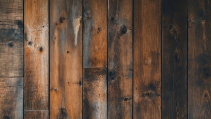 Obraz premium Dark rustic wooden planks background with varying shades of brown and texture details for design and construction use
