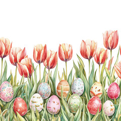 Colorful Tulips and Decorative Easter Eggs in a Lush Green Field for Spring Celebration