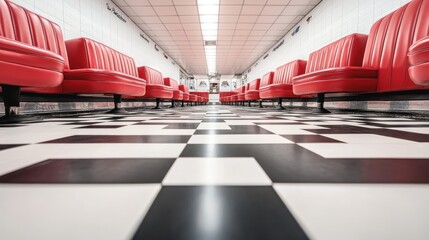 Retro Diner Red Booths and Checkered Floor