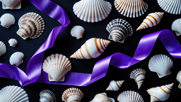 Colorful seashells arranged with purple ribbon on dark background, creating vibrant contrast and texture in composition.