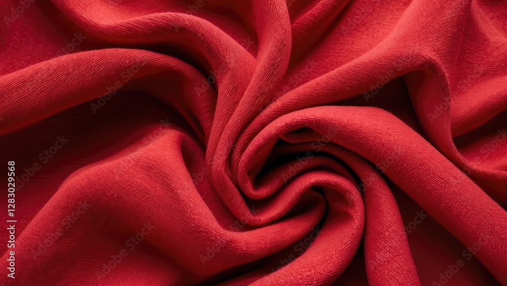 Poster close-up view of red fabric texture with smooth folds and creases for textile design and background 
