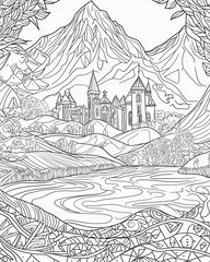 Naklejka premium Black and white clean coloring page for adults, Ireland background. Colouring book page, black outline , white background, white segments to color 