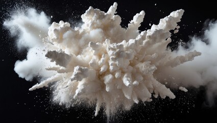 White powder explosion creating dramatic cloud effects against a dark background with particles dispersing in various directions