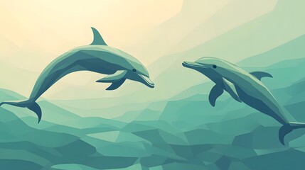 Naklejka premium Playful dolphins swimming together, friendly aquatic mammals in clear water, showcasing grace and intelligence, vibrant marine life.