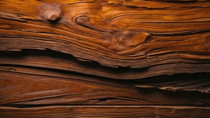 Fototapeta premium Detailed close-up of textured wooden surface with rich brown colors and pronounced grain pattern ideal for backgrounds and natural design elements.