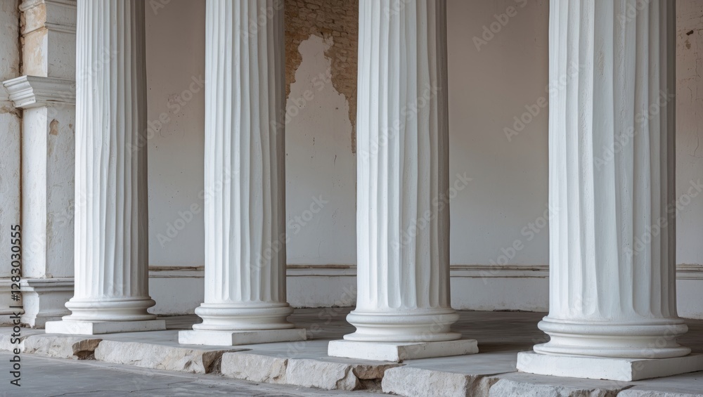 Poster white classical columns in an empty architectural space with weathered walls and stone flooring.
