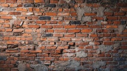 Naklejka premium Old exposed brick wall with uneven surfaces and visible mortar, showcasing a weathered texture and original color variations.