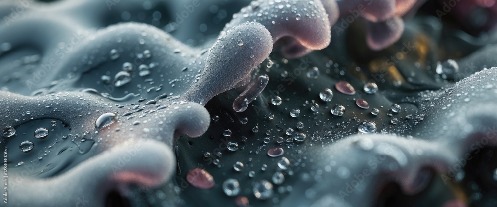 Poster close-up view of textured surface with droplets of water on irregular waves and curves illuminated b