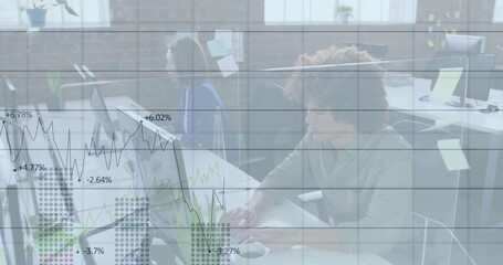 Obraz premium Image of data processing and diagrams over diverse colleagues working in office