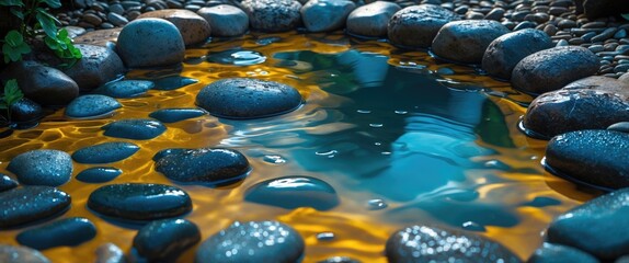 Stones surrounding a reflective pond with shimmering water and pebbles in a natural outdoor setting.
