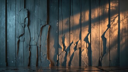 Naklejka premium Textured cracked wall with wooden panels illuminated by soft light shadows creating an abstract background design.