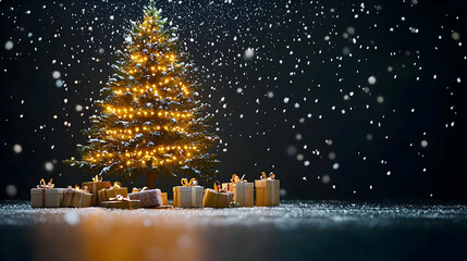 Obraz premium Christmas Tree Decorated With Golden Lights And Wrapped Gifts With Falling Snowflakes On Dark Background