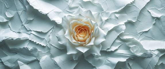 White rose on textured light blue paper background with layers and creases in a flat lay composition