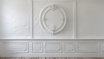 White textured wall with ornamental designs and wooden floor in a minimalist interior setting