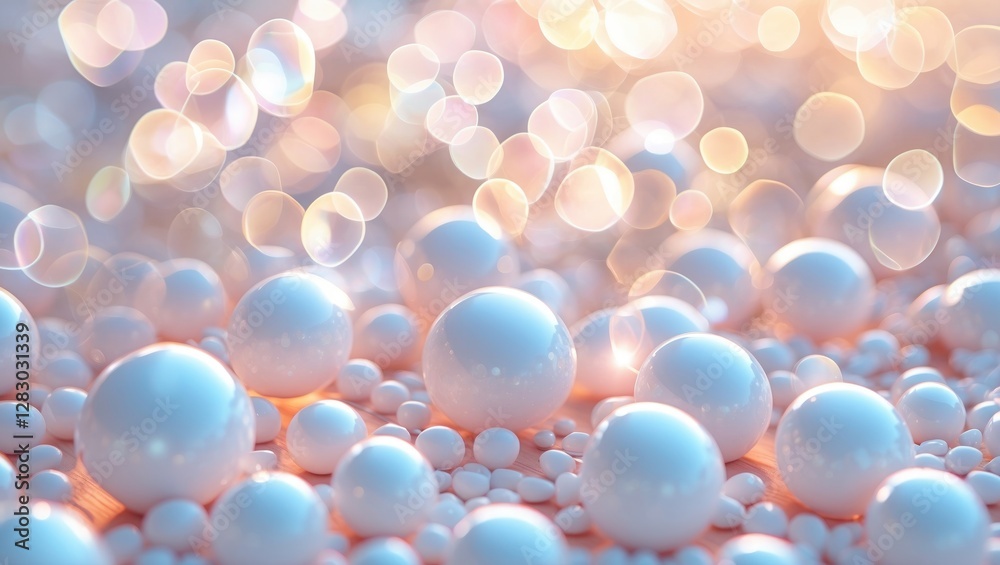 Poster abstract background with soft focus bokeh and clusters of glossy white spheres of varying sizes on a