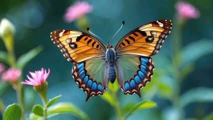 Obraz premium Colorful butterfly displaying vibrant orange and blue patterns perched on blooming flowers in a lush garden setting.