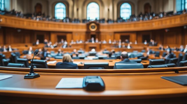 A legislative hall with officials analyzing public safety regulations. Featuring crime prevention and law enforcement