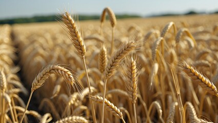 Close-up of golden wheat ears in a sunlit field during the harvest season with blurred background of wheat stalks.