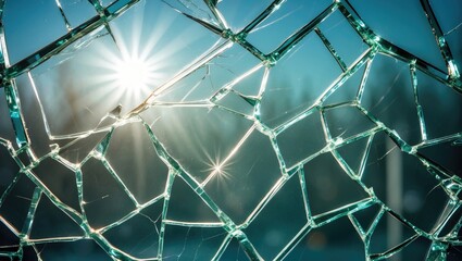 Broken glass with sun rays shining through cracks illuminating shattered surface details.