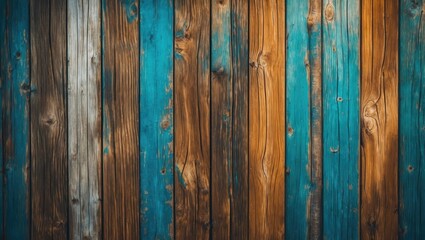 Naklejka premium Colorful wooden planks with varying shades of brown and blue creating a textured background for design and display purposes