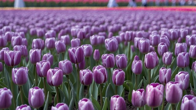 Field of vibrant purple tulips in full bloom with lush green foliage under soft lighting in floral garden setting - Powered by Adobe