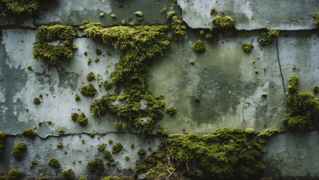 Moss covered old green wall with textured surface and patches of vegetation on concrete background - Powered by Adobe
