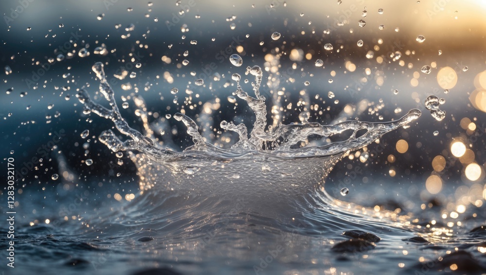 Poster water splash captured with dynamic droplets and bokeh effect in background creating an abstract text