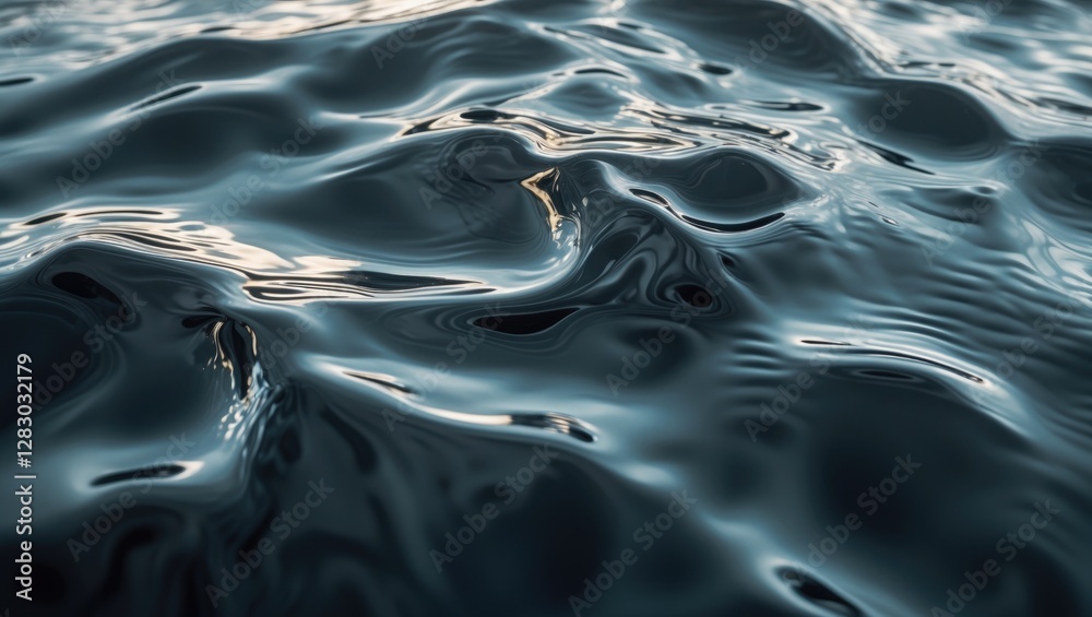 Poster dark reflective water surface with gentle ripples and light reflections creating a textured abstract